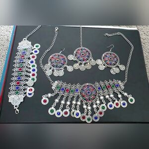 Silver Multicolor Statement Necklace and Earring Set
